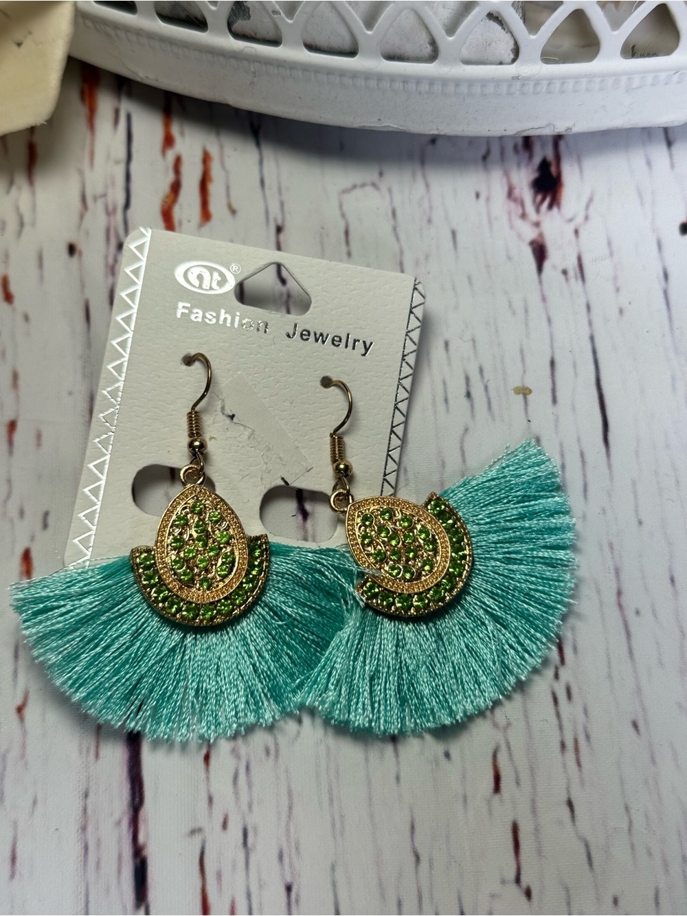 Turquoise Fan Tassel Drop Earrings with Green Crystal Accents - Picture 2 of 2